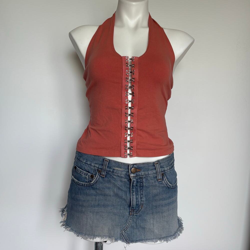 Vintage USA Paper Tag Metal Hook Front Halter Top y2k Size S Punk Goth Grunge